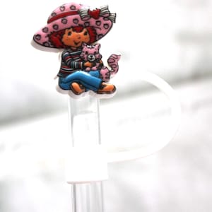 Strawberry Girl Straw Cover 10mm fit | Retro Character Straw Charm | Silicone Drink Marker for Reusable Straws | Cute Cup Accessory Gift.