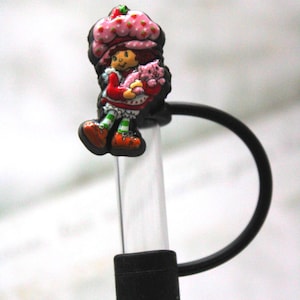 Retro Strawberry Girl Straw Topper  Fits 10mm Reusable Straws, Stanley Compatible,Cute PVC Drink Accessory with Silicone Loop. Fast Shipping