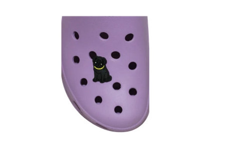 May include: A purple shoe with a black pug charm. The charm has a gold collar.