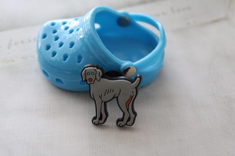 May include: A gray and white Weimaraner dog charm, a popular accessory for shoes, is attached to a blue plastic shoe.