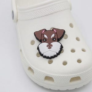 May include: White clog shoe with a Schnauzer dog charm. The charm features a brown and white dog face with black accents. The shoe has multiple ventilation holes and a textured surface.
