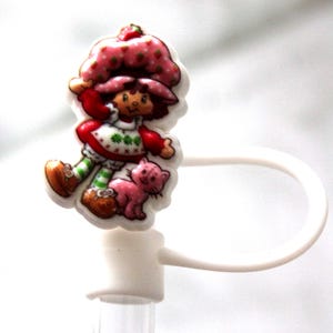 Cute Retro Strawberry Girl with Cat 3D Resin Straw Topper for Stanley Straws Drink Cup Accessory fits a 10mm straw Vintage Style Drink Charm
