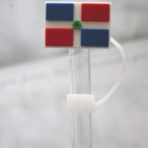 May include: A white, rectangular flag-shaped charm with four colored rectangles: two red and two blue, with a small green circle in the center. The charm is attached to a clear, cylindrical straw with a white plastic clip.