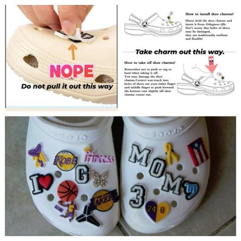 May include: Two pairs of white clogs with various colorful shoe charms attached. The charms include a basketball, a heart, a butterfly, a crown, a yellow ribbon, a Puerto Rican flag, and a letter 'G'. The text 'NOPE' is written on one clog, and the text 'MOM 3' is written on the other clog. The text 'Do not pull it out this way' is written on the clog with the 'NOPE' text. The text 'Take charm out this way' is written on the clog with the 'MOM 3' text.