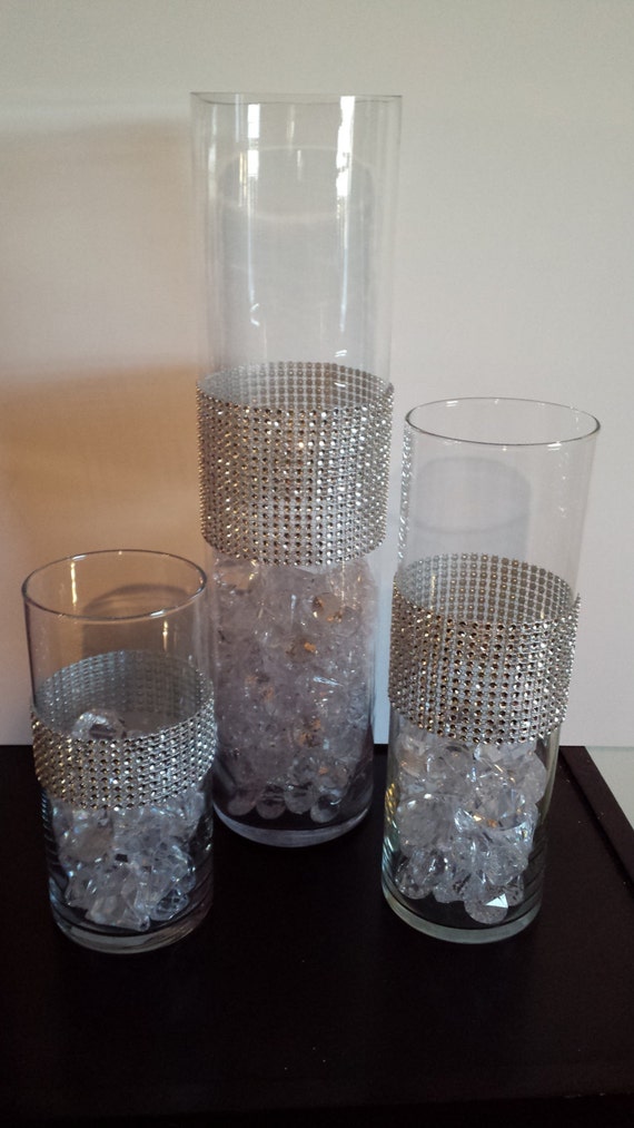 Items similar to Rhinestone/ Bling Cylinder Vase Set (3) Centerpiece on