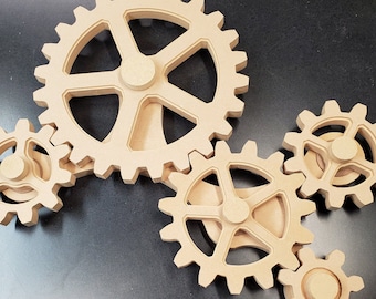 Five Large Gear Kinetic Set  23.5 IN x 16.5 in.  Stem Maker Space Vs. 3CG Steampunk Decor Industrial Wall Art  Large gears working wood gear