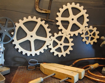 Steampunk Dacor - four gear set,.  Large gears, Wooden Gears, Wood Gears, Steampunk Ideas,  Industrial Wall Dacor