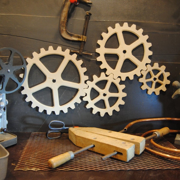 Steampunk Dacor - four gear set,.  Large gears, Wooden Gears, Wood Gears, Steampunk Ideas,  Industrial Wall Dacor