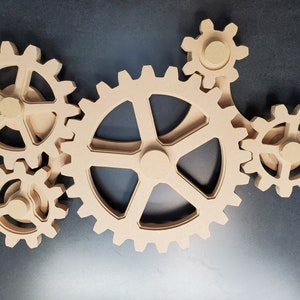 Five Large Gear Kinetic Set  24 In x 13.5 In.  Stem Maker Space Vs. 2CG Steampunk Decor Industrial Wall Art  Large gears working wood gear