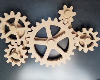 Five Large Gear Kinetic Set  24 In x 13.5 In.  Stem Maker Space Vs. 2CG Steampunk Decor Industrial Wall Art  Large gears working wood gear