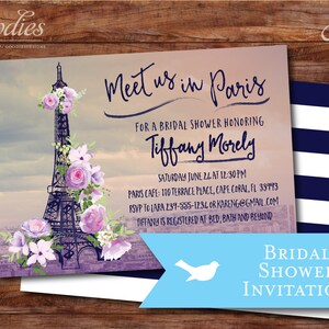 Paris Bridal Shower Invitation Eiffel Tower Flowers Purple image 5