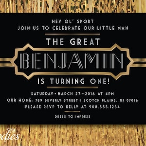 Great Gatsby Birthday Party Invitation - Little Man, First Birthday, Roaring 20&#39;s, Prohibition, One, Gatsby, Man, Birthday Party, Invite