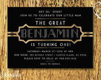 Great Gatsby Birthday Party Invitation - Little Man, First Birthday, Roaring 20's, Prohibition, One, Gatsby, Man, Birthday Party, Invite