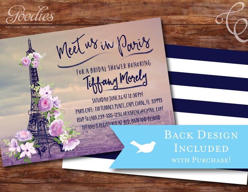 Paris Bridal Shower Invitation Eiffel Tower Flowers Purple image 2