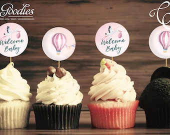 Etiquetas o Cupcake Toppers - Descarga Instantánea, Globo Aerostático, Baby Shower, Primer Cumpleaños, Gracias, Etiquetas, Favor, Cupcake Toppers, Aventura