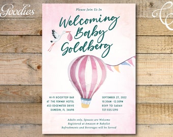 Invitación Baby Shower - Globo aerostático y cigüeña, Ducha, Sprinkle, Aventura, Ducha de boda, Invitación,