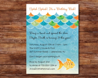 May include: A blue and green birthday party invitation with a fish illustration. The invitation reads "Splish Splash! It's a Birthday Bash!" and includes the details: "Bring a towel and spread the cheer Skyler Smith is turning 3 this year! Saturday, August 10th at 11am-1pm The Smith's House & Pool 567 Summer Road | Lakewood, NJ Don't forget your bathing suit! Rsvp by August 2nd to Anne at 732-555-1234 or AnneSmith@fishmail.com"
