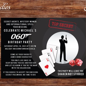 Special Agents Casino Invitation - Birthday Invitation, Shower, 40th Birthday, 30th Birthday, 50th Birthday, Custom, Surprise, Secret, Cards