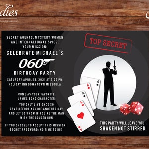 Convite de cassino para agentes especiais - convite de aniversário, chá de panela, 40º aniversário, 30º aniversário, 50º aniversário, personalizado, surpresa, segredo, cartões