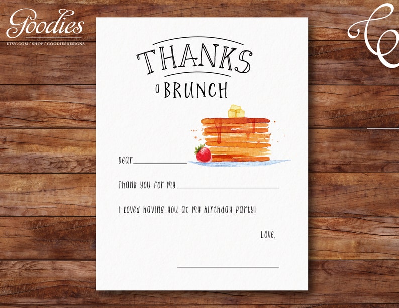 Thanks a Brunch Fill in the Blank Card Breakfast Birthday Pancakes and Pajamas PDF First Instant Download Thank You Card No Egg