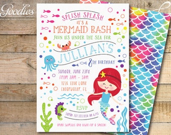 Mermaid Invitation - Rainbow, Birthday Party Invitation, Pool Party, Splash Party, Invitation,