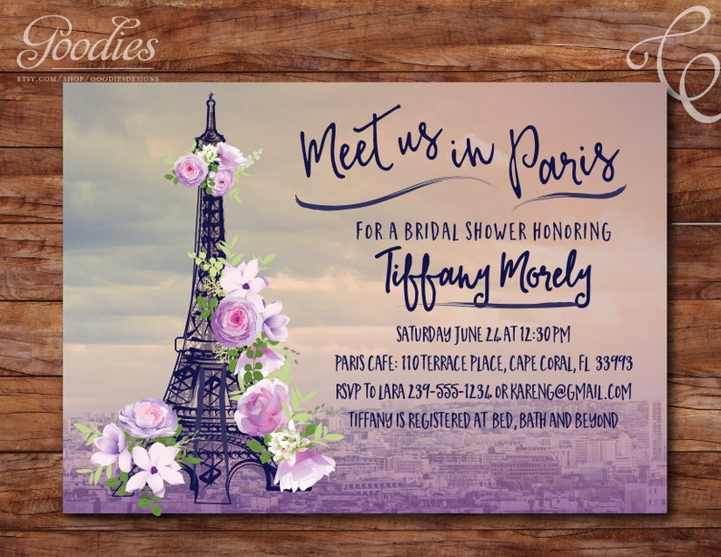 Paris Bridal Shower Invitation Eiffel Tower Flowers Purple image 1