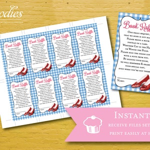 May include: Printable book raffle tickets with a blue and white gingham pattern. The tickets feature a red ruby slipper and the text "Book Raffle" and "One small request, that we hope is not hard, please bring a book instead of a card. Whether Cat in the Hat, or Winnie the Pooh. Please sign the inside cover with a note from you. By signing your book, we will remember & share, your special gift, even when you're not there!"