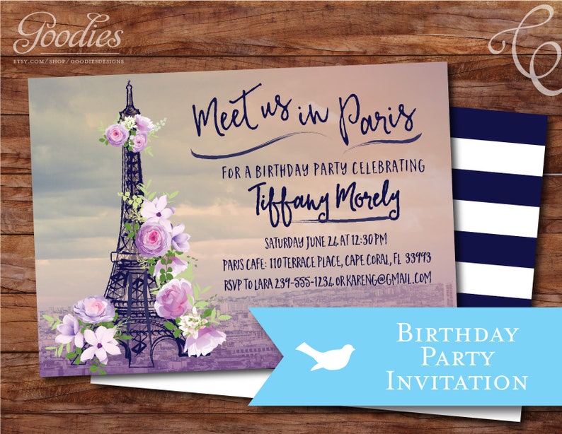 Paris Bridal Shower Invitation Eiffel Tower Flowers Purple image 4