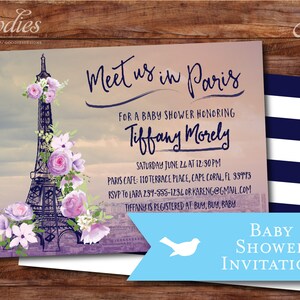 Paris Bridal Shower Invitation Eiffel Tower Flowers Purple image 3