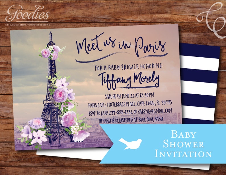 Paris Bridal Shower Invitation Eiffel Tower Flowers Purple image 3