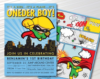 ONEder Boy - Superhéroe Invitación a la fiesta de primer cumpleaños, rubio, cumpleaños de los niños, héroe, uno, uno, superhéroe, cumpleaños del niño