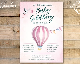 Invitación baby shower - Globo aerostático y cigüeña, ducha, sprinkle, aventura, ducha de boda, invitación, arriba, arriba y lejos