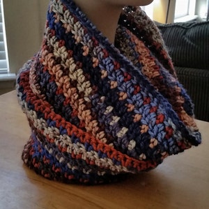 Broncos-inspired bulky chunky crochet/ knit Infinity scarf-cowl: natural/ neutral/ earth/ jewel tones/ blue/ orange