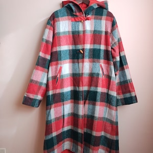 Vintage Reversible Plaid Wool / Red Long Hooded Coat, Midcentury
