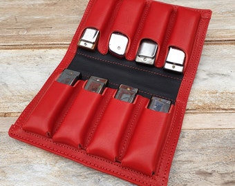 8-Pack Red Leather Harmonica Case, leather blues harp caddy, eight harmonica holder, personalized, name, mouth organ carrier, Pinegrove UK