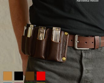 Leather harmonica holster, harmonica belt holder, blues harp carrier, mouth organ caddy, full grain leather, Pinegrove Leather, 8 colours