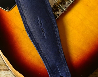 Dark Blue Leather Guitar Strap, double-padded for comfort, GS61 leather guitar belt, high quality full-grain leather, Pinegrove, 6cm wide