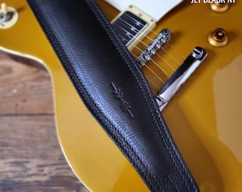 Thick Padded Black Leather Guitar Strap or Bass Strap, BS63, 3 inches wide,  high quality soft leather, bass belt, comfortable, Pinegrove UK