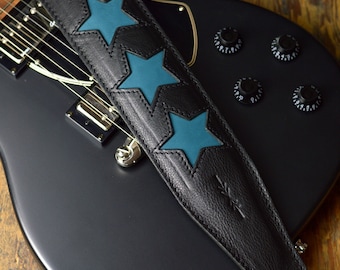 Black Leather Guitar Strap With Blue Stars, GS96 design, luxury vegetable-tanned leather, 3" wide for any guitar or bass, made in UK