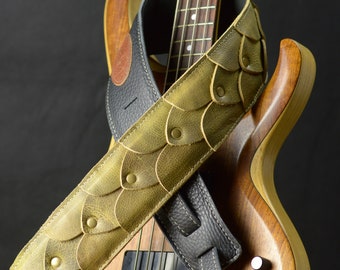 Dragon Skin Padded Leather Guitar Strap or Bass Strap, GS92, olive green, thick high quality leathers, hand-built in England