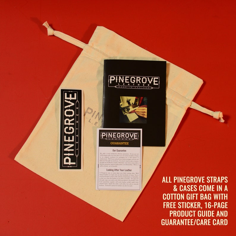 May include: A white cotton drawstring bag with a black and white Pinegrove Leather logo. The bag contains a black and white product guide and a black and white guarantee card. The bag also includes a black and white Pinegrove Leather sticker.