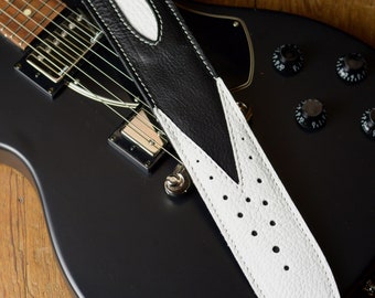 Premium Black & White Leather Guitar Strap, GS70 Skyrocket two-tone style,full grain high quality leather, hand-crafted by Pinegrove