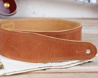 Thick Tough Quality Leather Guitar Strap, GS41 Tan, wide guitar belt, naturally-tanned leather, present for guitarist, hand-made