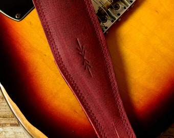 Cherry Red Leather Guitar Strap, GS61,  naturally grained, oiled leather, thick soft padding for comfort, guitar belt, Pinegrove, UK made