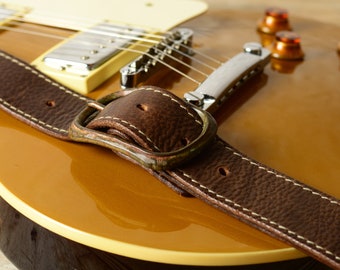 Brown Leather Guitar Strap With Buckle, GS80, 1 1/2" width (40mm), relic bronze effect clip, naturally tanned leather, Pinegrove, made in UK