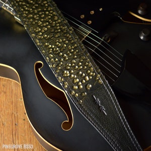 Gold Meteor Guitar Strap, BS53 Black with Gold hammered finish, 3 Inches Wide, Real Full-Grain Vegetable-Tanned Leather, bass, Pinegrove