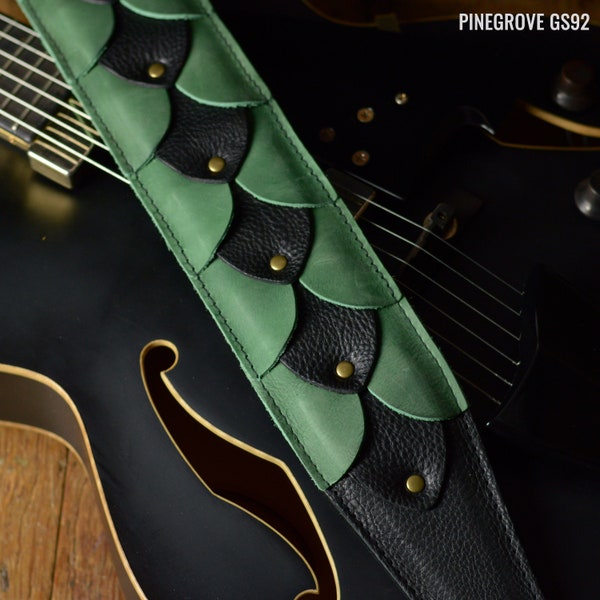 Emerald Green & Black Dragon Skin Padded Leather Guitar Strap or Bass Strap, GS92, thick high quality leathers, hand-built in England