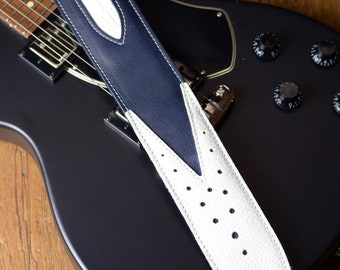 Premium Blue and White Leather Guitar Strap, GS70 Skyrocket two-tone style,full grain high quality leather, hand-crafted by Pinegrove