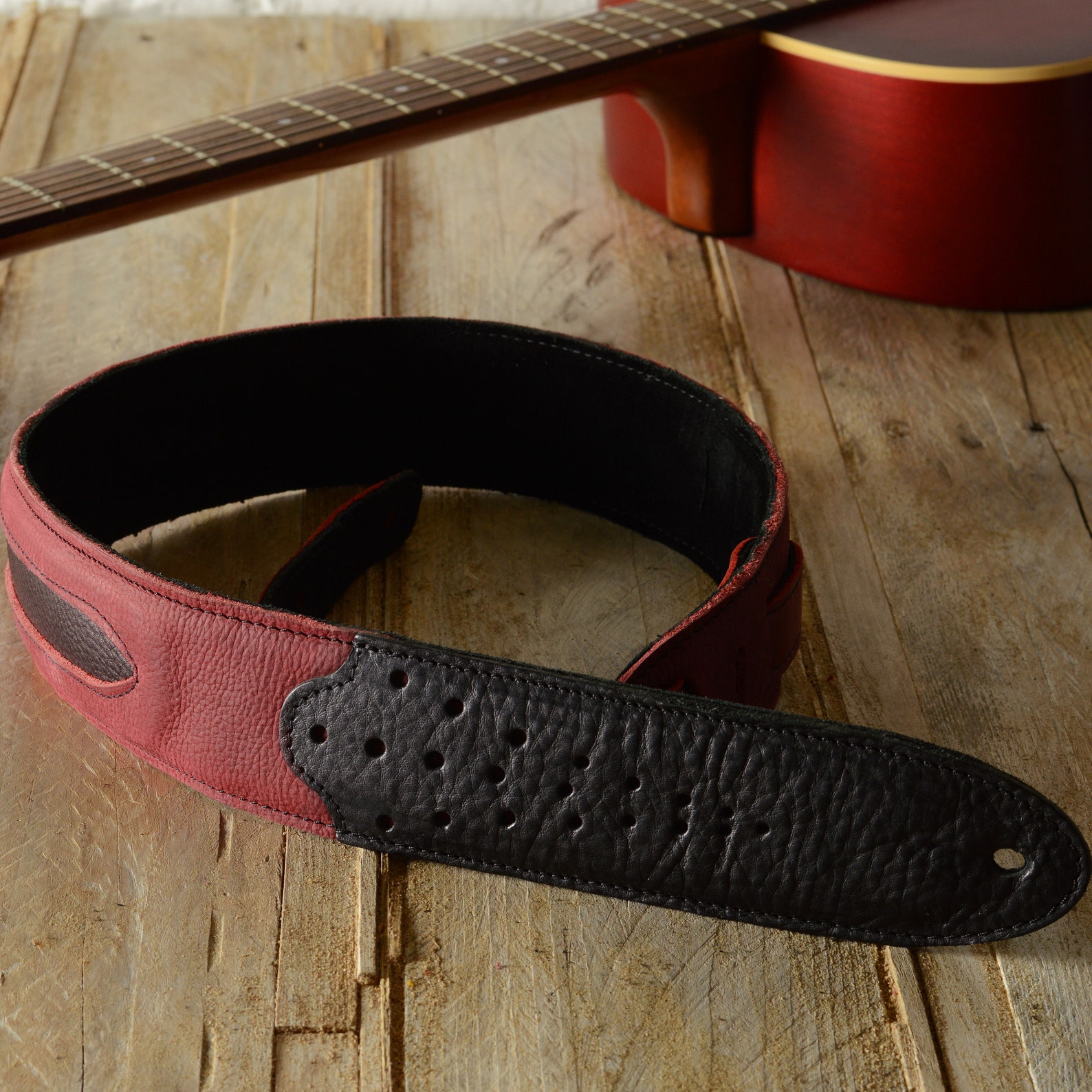 Premium Leather Guitar Strap Red and Black GS60 Twotone Etsy UK