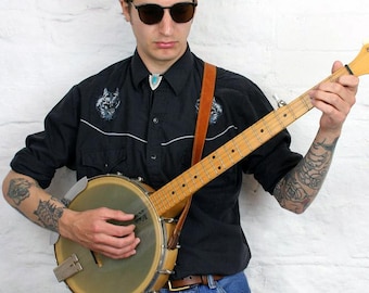 Leather Banjo Strap (loop style), hand-crafted, thick vegetable tanned leather, 3 attachment options, black, brown, tan, Pinegrove BLS52